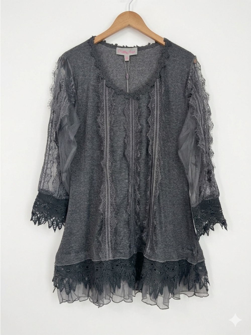 NWT Pretty Angel Charcoal Grey Lace-Trim Linen Blend Tunic Boho Whimsigoth Sz XL